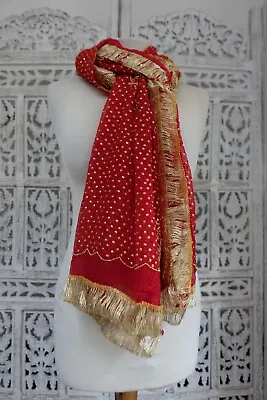 Red Sequinned Vintage Indian Wedding Silk Chiffon  Dupatta Chunni SKU19149 • £42.99