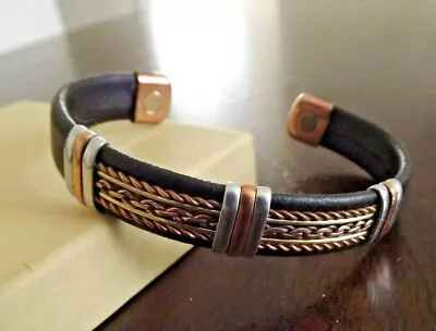 Solid Copper Leather Wrapped Magnetic Bracelet Men Women Energy Pain Jewelry • $10.95