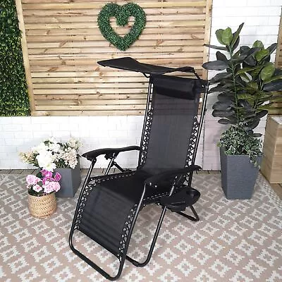 Multi Position Garden Gravity Relaxer Chair Sun Lounger With Sun Canopy In Black • £37.49