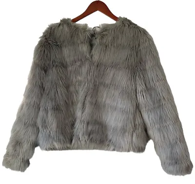 Womens L Faux Fur Jacket Coat Gray Lined Collarless Hook Eye Closure Short H&M • $31.58