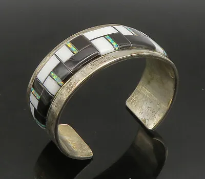 NAVAJO 925 Sterling Silver - Vintage Onyx & Fire Opal Cuff Bracelet - BT9155 • $249.91