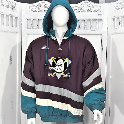 Anaheim Mighty Ducks Hooded Puffer Jacket Vintage 90s NHL Apex One Size L • $699.97