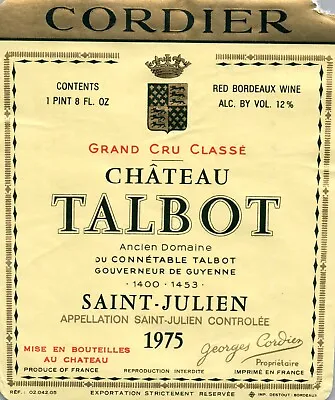 1970's-80's Chateau Talbot St Julien French Wine Label VTG 1975 Original A447 • $11.97