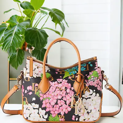 NWT Dooney & Bourke Hydrangea Monogram Satchel Bag 1958 Black Floral Handbag New • $299