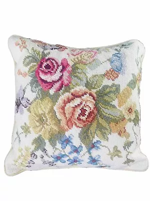 VTG Needlepoint Wool Pillow Floral Roses Velvet Backed 13” Pink Beige Blue Tan • $17.50