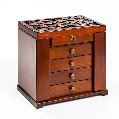 ROULING Brown Large Wooden Jewelry Box 5-Tier  Rings Storage Organizer With Lock • $99.99