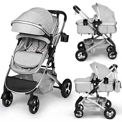 AILEEKISS 2-in-1 Convertible Baby Stroller: Folding Bassinet Pram Light  Grey • $223.04