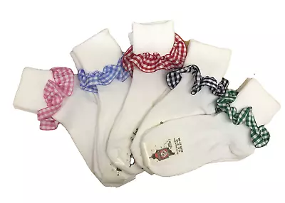 £4.95 • Buy Girls Ankle Turn Over Top Socks With Gingham Trim 3 Pairs School Sizes Colour's.