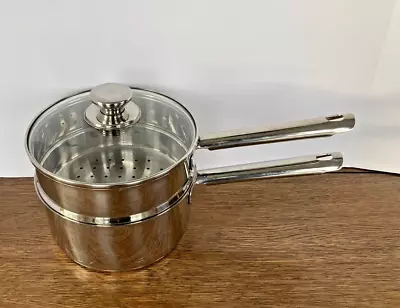 VINTAGE Olive & Thyme Stainless Steel 2 Qt. Double Boiler W/ Glass Lid EUC • $42.95