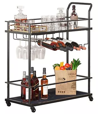 Black Bar Cart For Home Bar Serving Wine Cart With 2-Tier Mirrored Shelves Mo... • $84.53