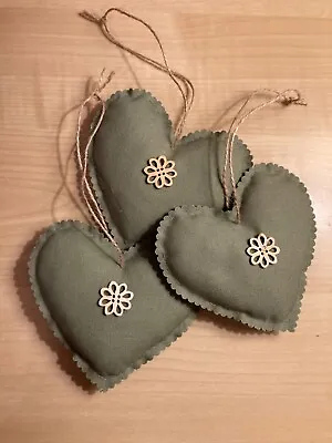 Set Of 3 Handmade Fabric Hanging Love Hearts Sage Green Shabby Chic • £4.99