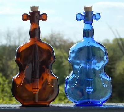 2 Vintage Amber & Cobalt Blue Glass Violin Cello Fiddle Viola Bottle Decanters • $25