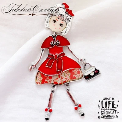 £7.99 • Buy Festive Red Dress Girl Lady Brooch Vintage Art Deco Look Articulated Enamel Gift