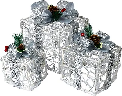 LED Light Up Gift Box Set Of 3 Acrylic Present Decoration Indoor Outdoor Xmas • £22.99