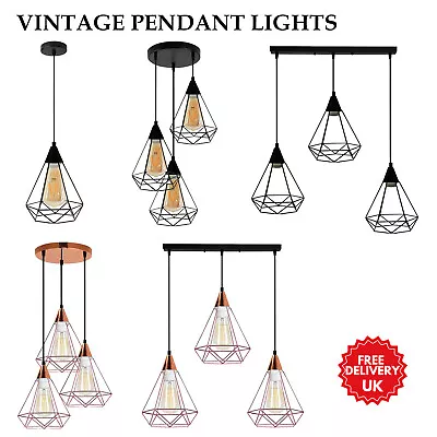 Vintage 3 Pendant Light Shade Industrial Diamond Metal Cage Ceiling Lampshade • £16.05