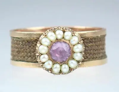 Devine Antique Victorian 9K Rose Gold Amethyst Pearl Hair Floral Mourning Ring 8 • $795