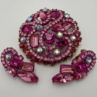 Rare Vintage Juliana D & E Enamel Pink Fuchsia Ab Rhinestone Brooch Earrings Set • $94