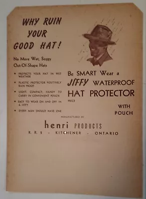 **/rare Vintage(kitchener)  Henri Product Jiffy Hat Protector Store Display Card • $13.11