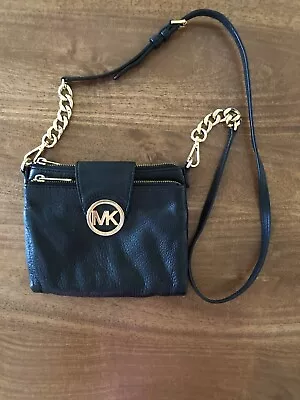 Michael Kors Signature Fulton Black Leather Small Crossbody Handbag Gold Chain • $26.96