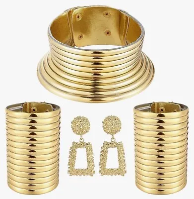 4 Piece African Jewelry Chunky Statement Chocker Bracelet Earrings Set - Costume • $10.43