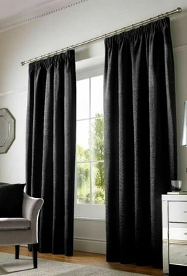 £19.99 • Buy Black Plain Canvas Pencil Pleat Curtains 66 X 72 Lounge Bedroom Unlined Curtains