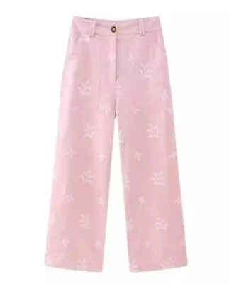 Zara Pants Large Wide Leg Pink Linen Embroidered Nature Blogger Favorite • $45