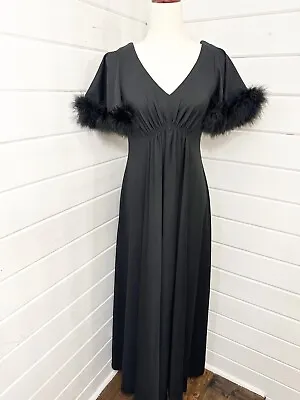 Vintage 70s Black Marabou Trim Hostess Dress | Black Maxi Gown Feather Sleeves  • $120
