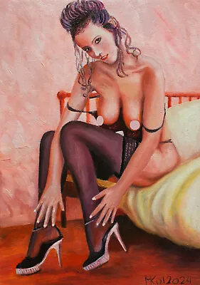 Oil Painting Erotic Girl Signed MKol 30x21cm 11.8x8.3in • £20.48