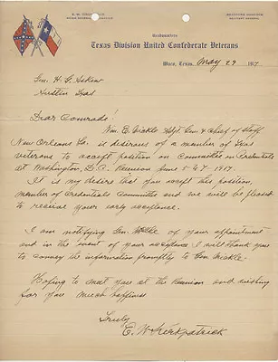 Headquarters Texas Division Ucv ~ Waco Texas ~ 1917 Letter • $85