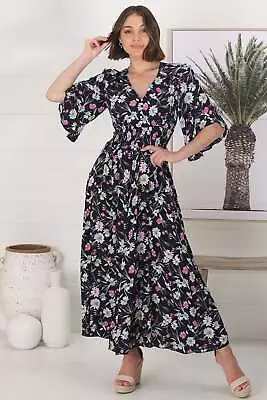 Alba Maxi Dress - Buttoned Bodie A Line Dress With Flute Sleeves In Shayla Print • $53.95