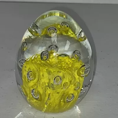 Hand Blown Art Glass Egg Shaped Paperweight Yellow Abstract With  Large Bubbles • $12.60