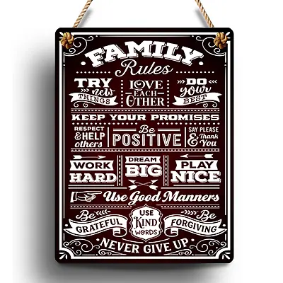 £5.99 • Buy Hanging Sign Plaque METAL Wall Art Home Decor House Rules Family Shabby Chic
