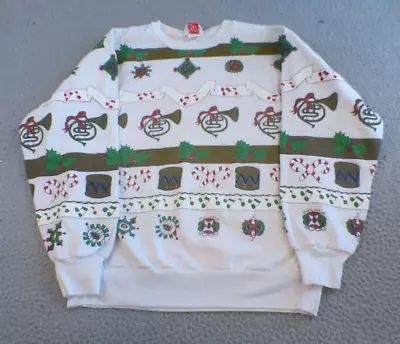 Vintage Christmas Sweater Youth Medium White Striped Candy Canes Music Notes • $28.88
