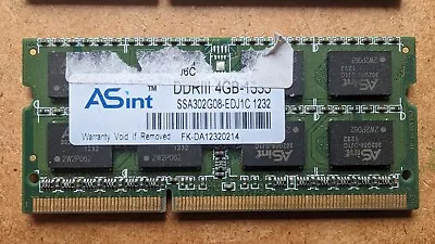Asint 4GB DDR3 Laptop Ram Memory PC3-10600 1333MHz SSA302G08-EDJ1C • £5.95