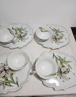 Vintage Meito Japan Cup & Snack Plate Set Of 4 Lilly Pattern Hand Painted  • $45