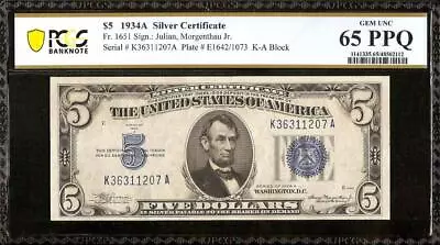 1934 A $5 Bill Silver Certificate Blue Seal Note Money Gem Unc Pcgs 65 Ppq • $95