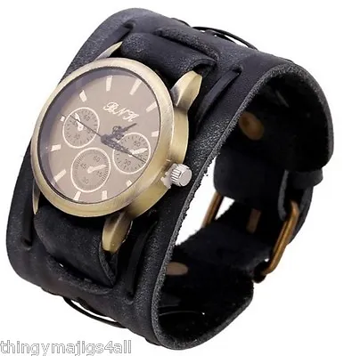 Genuine Leather Black Wristband Wrist Strap Watch Bracelet Mens Steampunk Buckle • £14.95