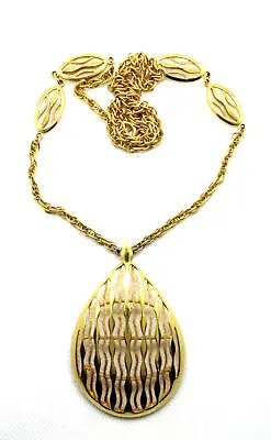 Vintage Crown Trifari  Gold Tone  Filigree Scroll Wave Pendant Necklace 1960’s • $20