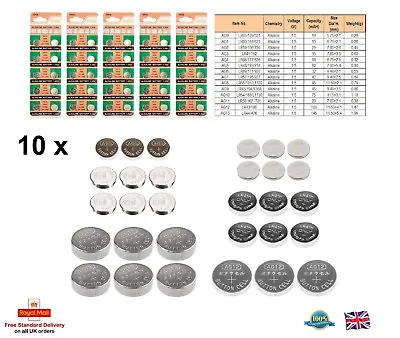 10 X Alkaline AG1 AG3 AG4 AG12 AG13 Button Cell Watch Batteries Calculator  More • £2.61