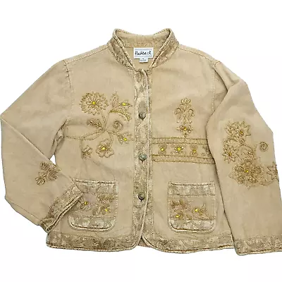 Flashback Embroidered Jacket Women XL Gold Mandarin Collar Rhinestone Pockets • $34.88