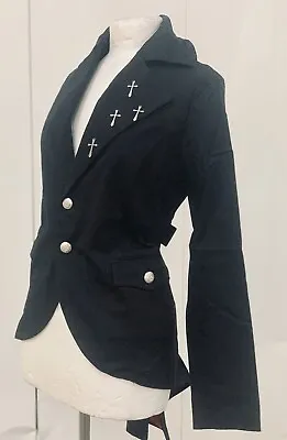 Steampunk Gothic Black Cotton Tail Jacket Metal Crosses Size M Uk 10/12 • £39.99