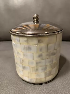 VANITY BOX JAR Mother Of Pearl Inlay Capiz Shell Canister Silver Metal Lid • $16