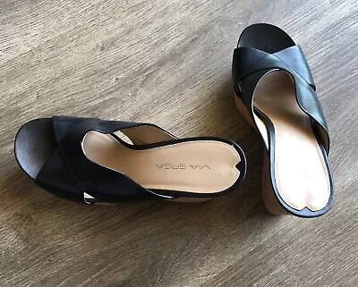 Via Spiga Slides Black Leather/Cork Wedges • $40