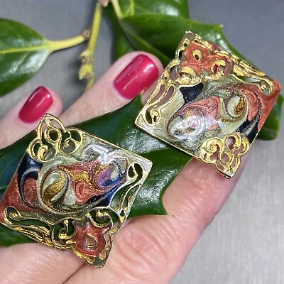 Vintage Earrings  Sterling Swirl Multicolor Enamel Fleur-De-Lis Estate Jewelry • $35