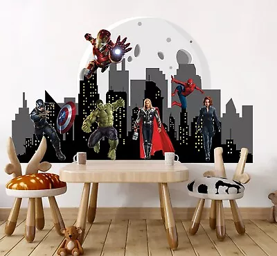 Superheroe Avengers Hulk Spiderman City Skyline Decor Nursery Wall Decal Sticker • $30.76