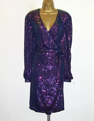 Beautiful Colourful Sequin Wrap Over Evening Party Dress Size 20 New • £39.99