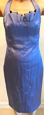 KAREN MILLEN UK 8 Blue Signature Satin Halter Neck Pencil Wiggle Occasion Dress • £50