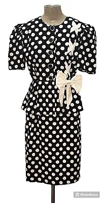 Vintage 80's Does 40's Black & White Polka Dot Peplum Jacket Pencil Skirt Set M • $35