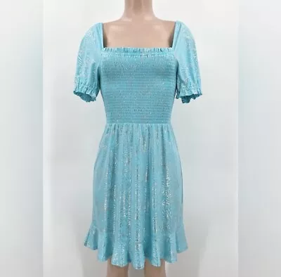 NWT MICHAEL Michael Kors Turquoise Foil Floral Print Smocked Peasant Dress • $27.98