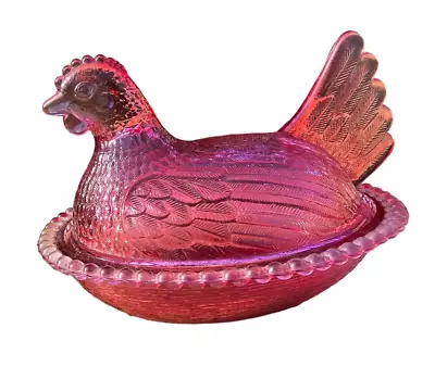 Hen On Nest Chicken **Pink** Covered Candy Dish Vintage Indiana Glass • $46